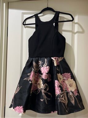Crystal Doll Black Floral Fit-and-Flare Dress with Pink and Cream Flowers